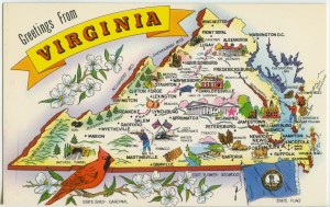 Postcard. Virginia. Nickname-Old Dominion.1960 Population-3,966,949. 39,893 Sq.miles. Entered the Union, JUne 25, 1788