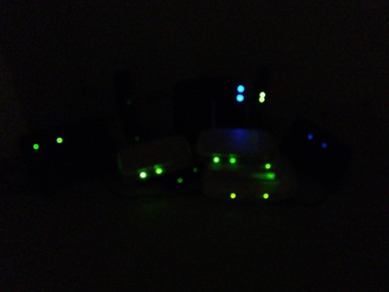 routers in dark with lights